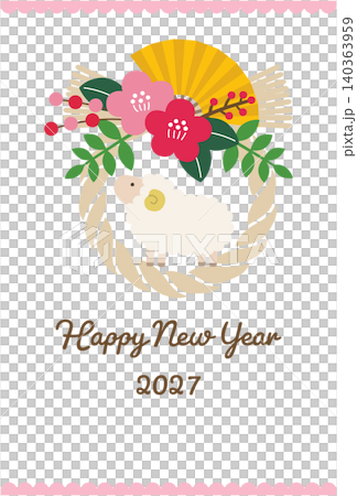 New Year's card template for the Year of the Sheep, 2027. Features sheep, cute designs, auspicious symbols, vector graphics, and shimenawa (sacred rope). 140363959