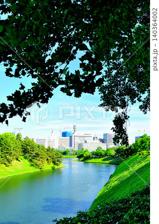 東京　千鳥ヶ淵緑道から桜田濠と霞が関の高層ビル群 140364002
