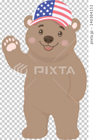 Cute brown bear wearing an American flag cap and waving happily, celebrating Independence Day with patriotic pride. Cute brown bear wearing an American flag cap and waving happily, celebrating Independence Day with patriotic pride. 140364153