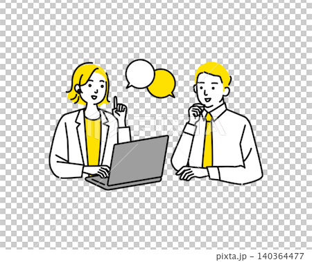 A young man and woman are talking while operating their computers. 140364477