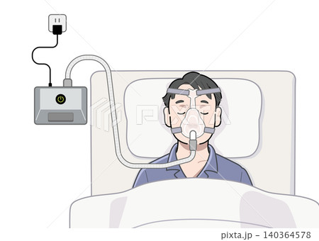 CPAP(鼻口タイプ)を着用して寝ている男性 CPAP(鼻口タイプ)を着用して寝ている男性 140364578