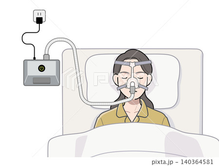 CPAP（鼻タイプ）を着用して寝ている女性 140364581