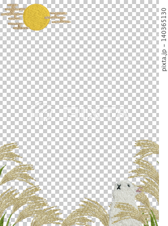 [Vertical frame with pampas grass, moon, and rabbit] Hand-embroidered illustration material 140365130