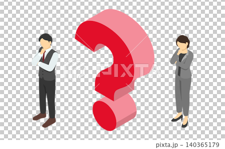 Isometric illustration: A man in a vest and a woman in a pantsuit thinking. Isometric illustration: A man in a vest and a woman in a pantsuit thinking. 140365179