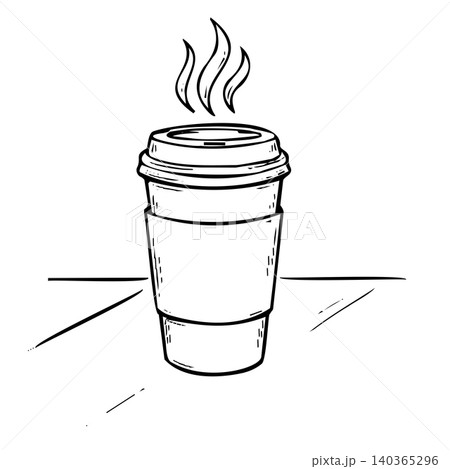 Takeaway hot coffee cup with sleeve and steam, hand-drawn vector sketch of disposable paper cup for cafe, breakfast, and morning routine concept. Takeaway hot coffee cup with sleeve and steam, hand-drawn vector sketch of disposable paper cup for cafe, breakfast, and morning routine concept. 140365296