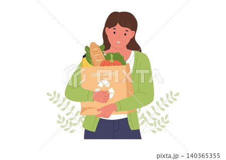 Illustration of Woman Carrying Zero Waste Grocery Paper Bag 140365355