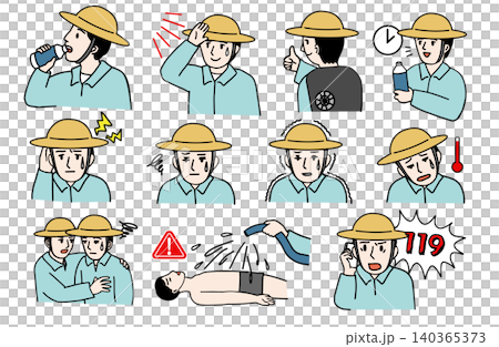 一組彩色插圖，描繪了農民中暑的症狀和應對措施。內容包括急救、降溫、農場工作、農業勞動和職業安全。 140365373