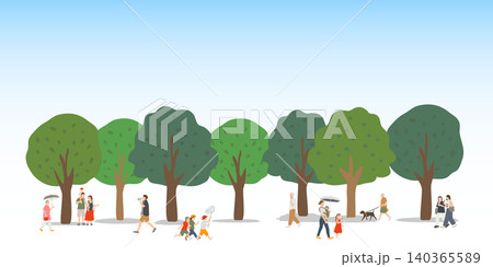 夏の公園で過ごす人々のイラスト背景 多世代の日常シーン 夏の公園で過ごす人々のイラスト背景 多世代の日常シーン 140365589