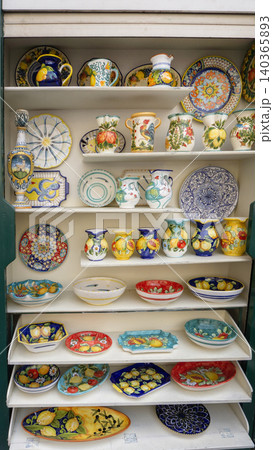 Traditional ceramic plates in souvenir shop in Amalfi at Italy 140365893