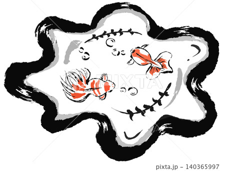 上から見た金魚鉢水墨画風 上から見た金魚鉢水墨画風 140365997