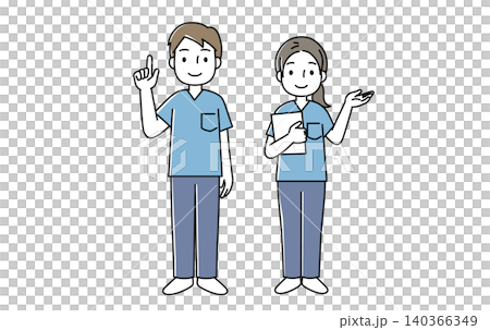 插圖描繪了一男一女身穿手術服,正在解釋某些事情。 插圖描繪了一男一女身穿手術服,正在解釋某些事情。 140366349