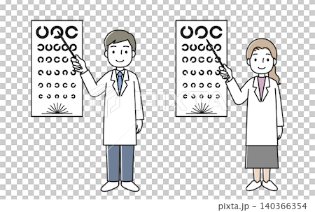 Illustration of a man and woman in white coats performing an eye exam. Illustration of a man and woman in white coats performing an eye exam. 140366354
