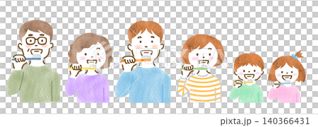 An illustration of a three-generation family (men and women of all ages) brushing their teeth. An illustration of a three-generation family (men and women of all ages) brushing their teeth. 140366431