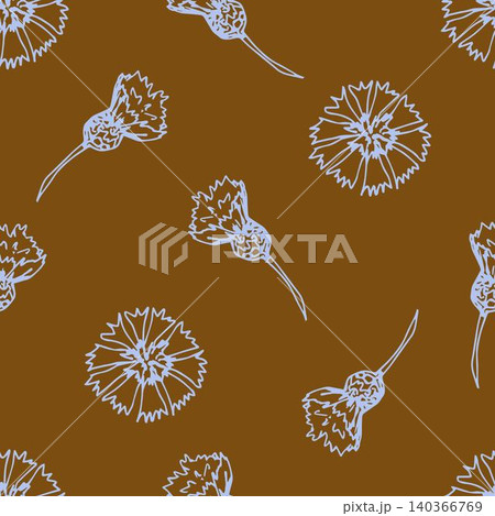 Simple floral vector seamless pattern. Light contour of flowers, cornflowers on an orange-brown background, ocher color, sienna. For prints of fabric, textile products, wallpaper, clothing, bedding. 140366769