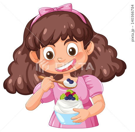 Smiling Girl Eating Yogurt with Fresh Fruit Topping Smiling Girl Eating Yogurt with Fresh Fruit Topping 140366784