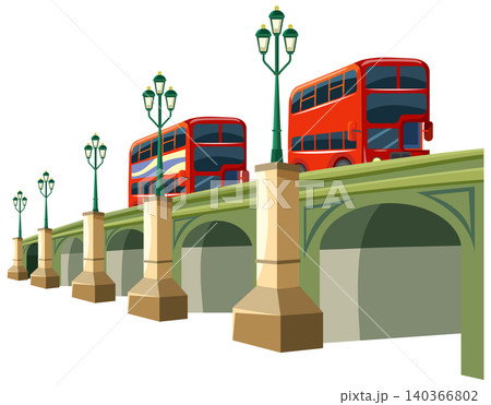 Red Double Decker Buses Driving Across a Green Arched City Bridge Red Double Decker Buses Driving Across a Green Arched City Bridge 140366802