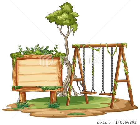 Abandoned Playground Swing Set with Overgrown Wooden Sign Abandoned Playground Swing Set with Overgrown Wooden Sign 140366803