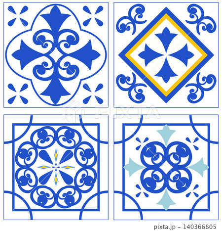 Mediterranean Blue and White Ceramic Tile Vector Pattern Set 140366805