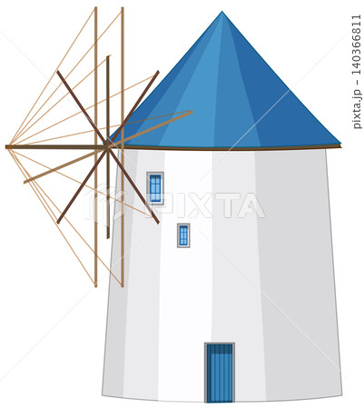 Traditional Mediterranean Windmill Illustration with Blue Roof and White Walls Traditional Mediterranean Windmill Illustration with Blue Roof and White Walls 140366811