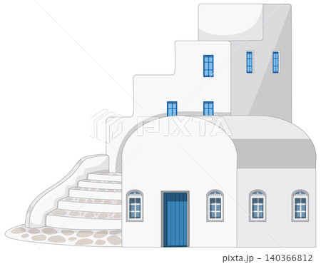 Traditional Mediterranean White House Vector Illustration with Blue Windows and Stairs 140366812