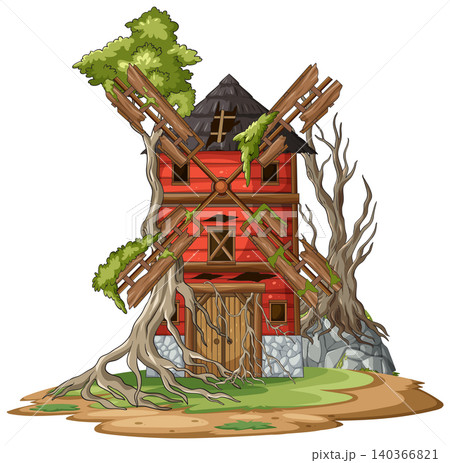 Abandoned Red Windmill House Overgrown With Twisted Trees 140366821