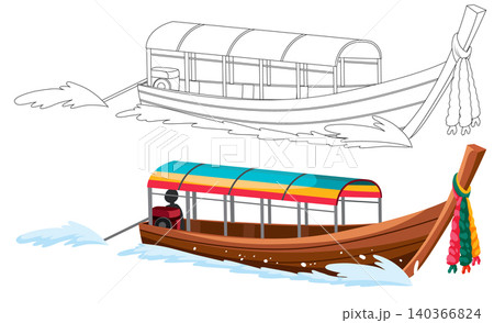 Traditional Thai Longtail Boat Vector Illustration with Coloring Page Version 140366824