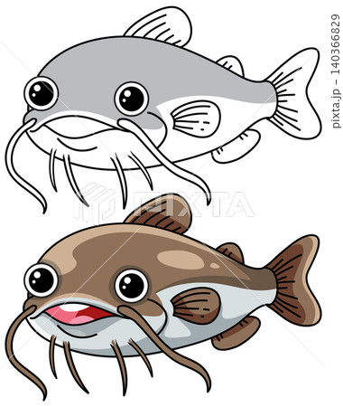 Cute Cartoon Catfish Vector Illustration in Grey and Brown Colors Cute Cartoon Catfish Vector Illustration in Grey and Brown Colors 140366829