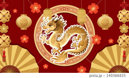 Golden Chinese Zodiac Dragon Vector Illustration with Traditional Red Background 140366835