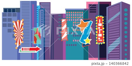 Flat Vector Illustration of a Vibrant City Skyline with Neon Signs Flat Vector Illustration of a Vibrant City Skyline with Neon Signs 140366842