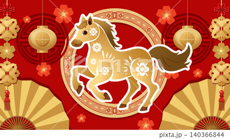 Chinese Zodiac Horse Vector Illustration with Traditional Red and Gold Background Chinese Zodiac Horse Vector Illustration with Traditional Red and Gold Background 140366844
