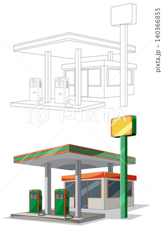 Vector Gas Station Illustration with Outline and Colored Version Vector Gas Station Illustration with Outline and Colored Version 140366855