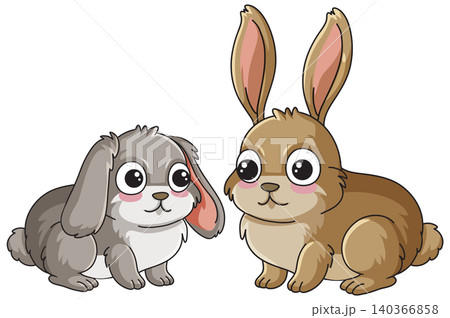Two Cute Cartoon Rabbits Sitting Together on a White Background Two Cute Cartoon Rabbits Sitting Together on a White Background 140366858