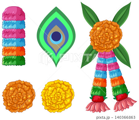 Traditional Indian Floral Garlands and Decorative Elements Vector Illustration Set 140366863