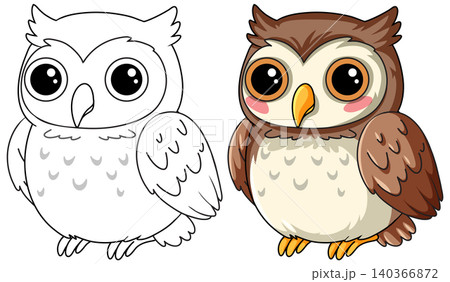 Cute Owl Cartoon Character Illustration with Line Art Coloring Page 140366872