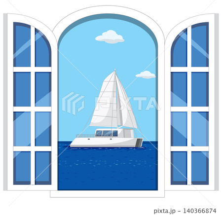 White Sailboat on Blue Sea Viewed Through Arched Window Frame White Sailboat on Blue Sea Viewed Through Arched Window Frame 140366874
