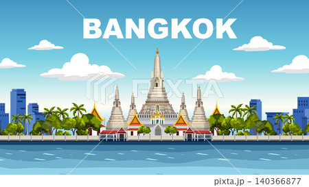 Bangkok City Skyline Vector Illustration with Wat Arun Temple and River 140366877