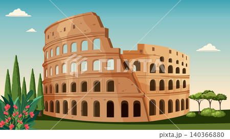 Flat Design Travel Poster of the Historic Colosseum Landmark in Rome 140366880