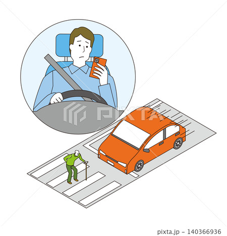 スマホを見ながら運転する男性 140366936