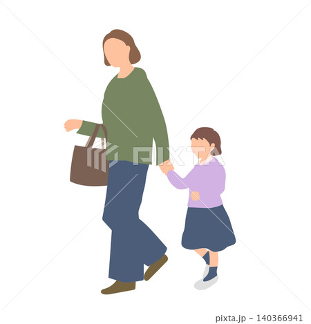 手をつないで歩く母親と女の子のイラスト 140366941