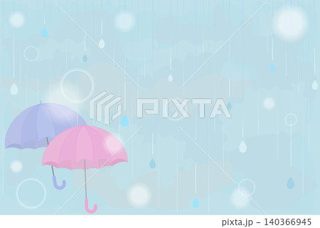 雨の日のカラフルな傘のイラスト くすみカラーの雨空とコピースペース 雨の日のカラフルな傘のイラスト くすみカラーの雨空とコピースペース 140366945