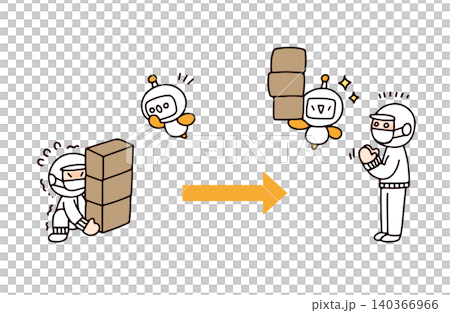An illustration showing an AI robot carrying heavy packages that factory workers can't lift. An illustration showing an AI robot carrying heavy packages that factory workers can't lift. 140366966