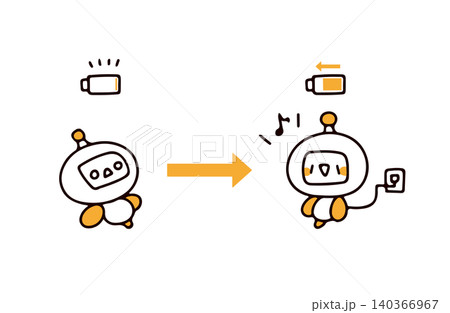 バッテリー切れのAIロボットくんと充電するAIロボットくんのイラストセット バッテリー切れのAIロボットくんと充電するAIロボットくんのイラストセット 140366967