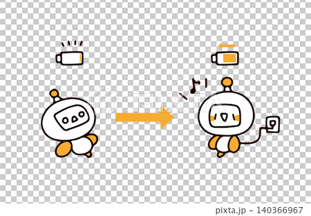 バッテリー切れのAIロボットくんと充電するAIロボットくんのイラストセット バッテリー切れのAIロボットくんと充電するAIロボットくんのイラストセット 140366967