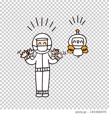 An illustration of an AI robot waving with a smile and a factory worker. An illustration of an AI robot waving with a smile and a factory worker. 140366970