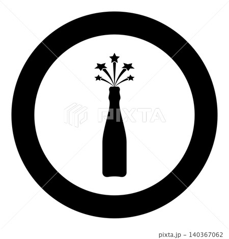 Bottle of champagne splash with stars icon in circle round black color vector illustration image solid outline style Bottle of champagne splash with stars icon in circle round black color vector illustration image solid outline style 140367062