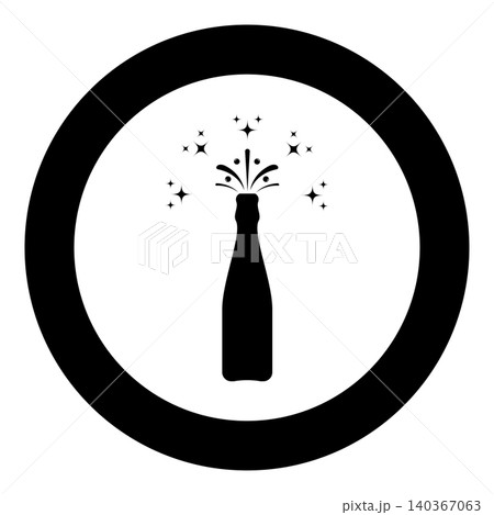 Bottle of champagne popping open splash with stars and bubbles holiday concept icon in circle round black color vector illustration image solid outline style 140367063