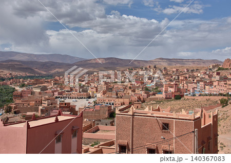 Panoramic view of the town of Boumalne Dades standing out against the desert plateau in Morocco Panoramic view of the town of Boumalne Dades standing out against the desert plateau in Morocco 140367083