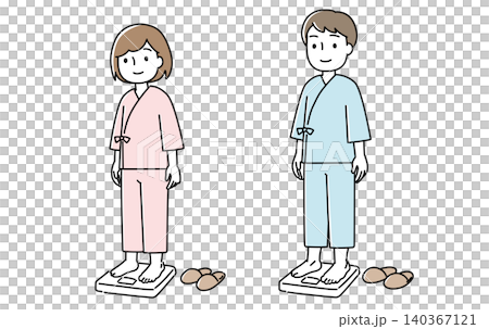 An illustration of a man and woman wearing examination gowns and standing on a scale. An illustration of a man and woman wearing examination gowns and standing on a scale. 140367121