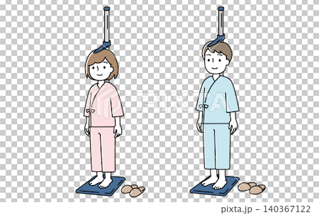 An illustration of a man and woman wearing examination gowns and standing on a height measuring device. An illustration of a man and woman wearing examination gowns and standing on a height measuring device. 140367122