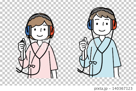 An illustration of a man and woman wearing medical gowns undergoing a hearing test. An illustration of a man and woman wearing medical gowns undergoing a hearing test. 140367123